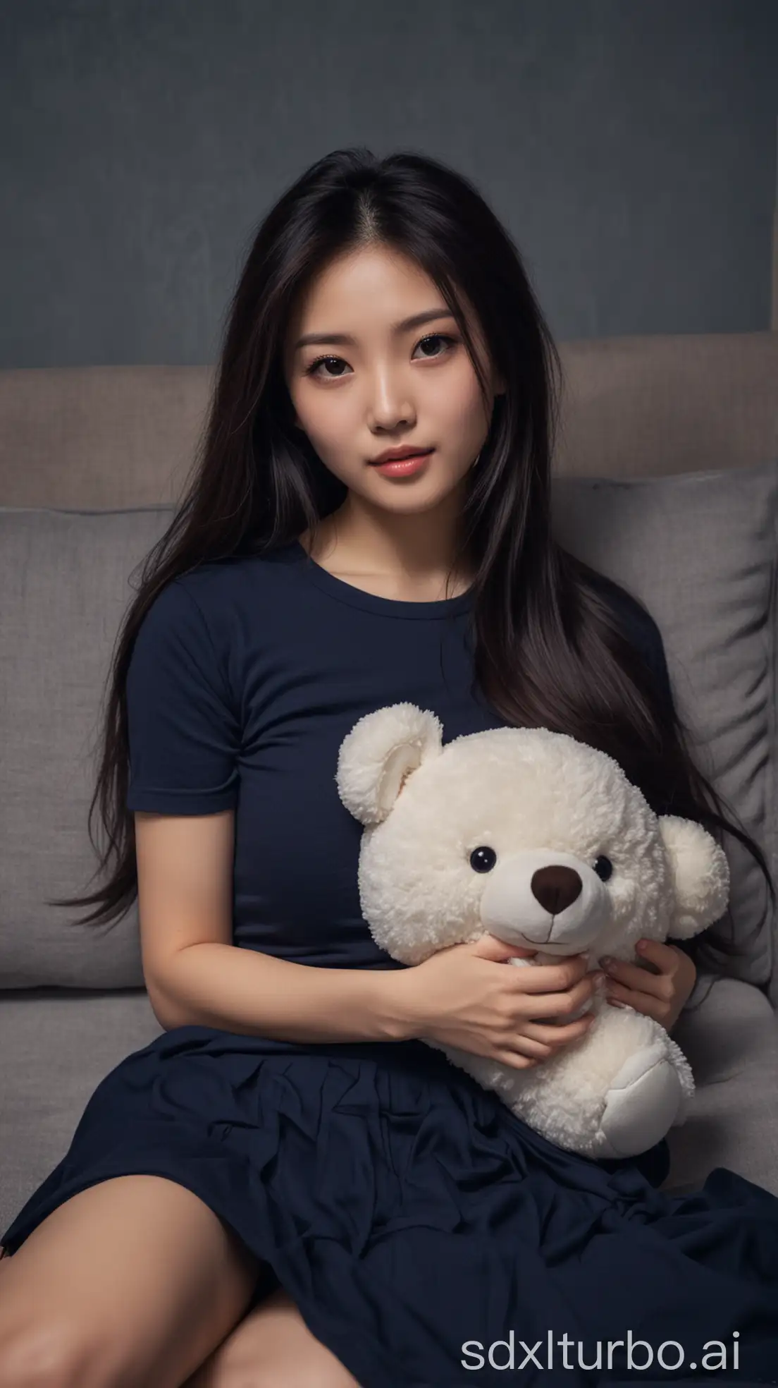 Seductive-Chinese-Woman-in-Winter-Night-with-Stuffed-Animal-on-Sofa