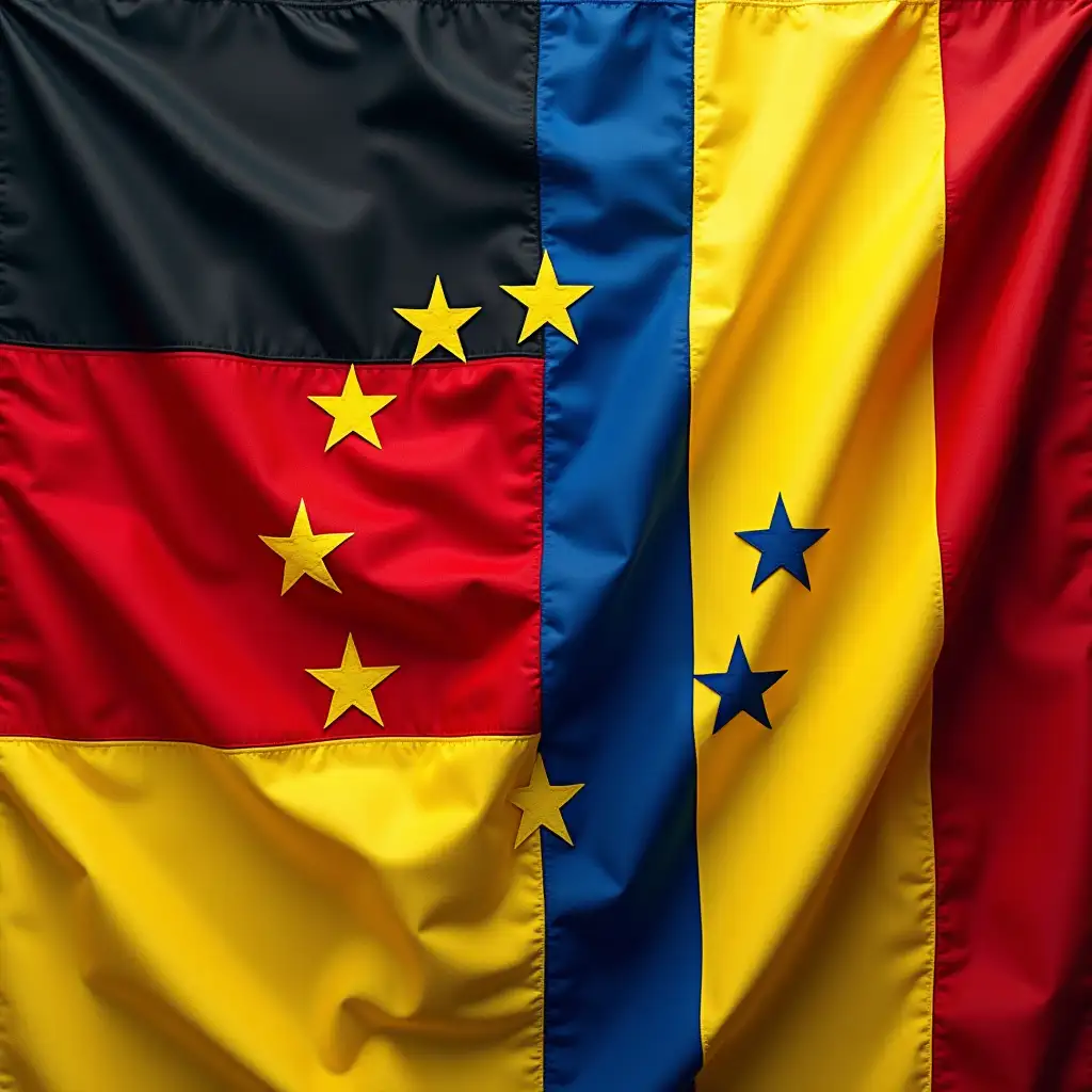 German (black-red-yellow) flag and Romanian (blue-yellow-red) flag as one flag. European Union Stars in the middle