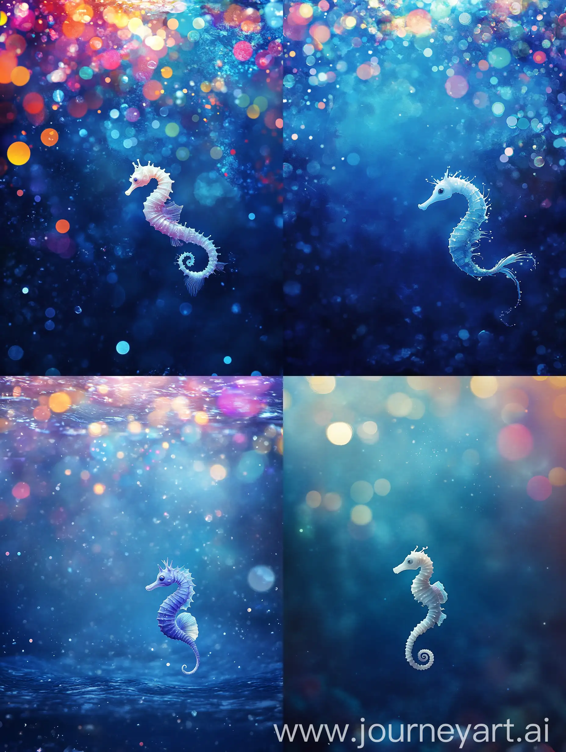 Colorful-Bokeh-Effects-in-Deep-Blue-Ocean-with-Small-White-Seahorse