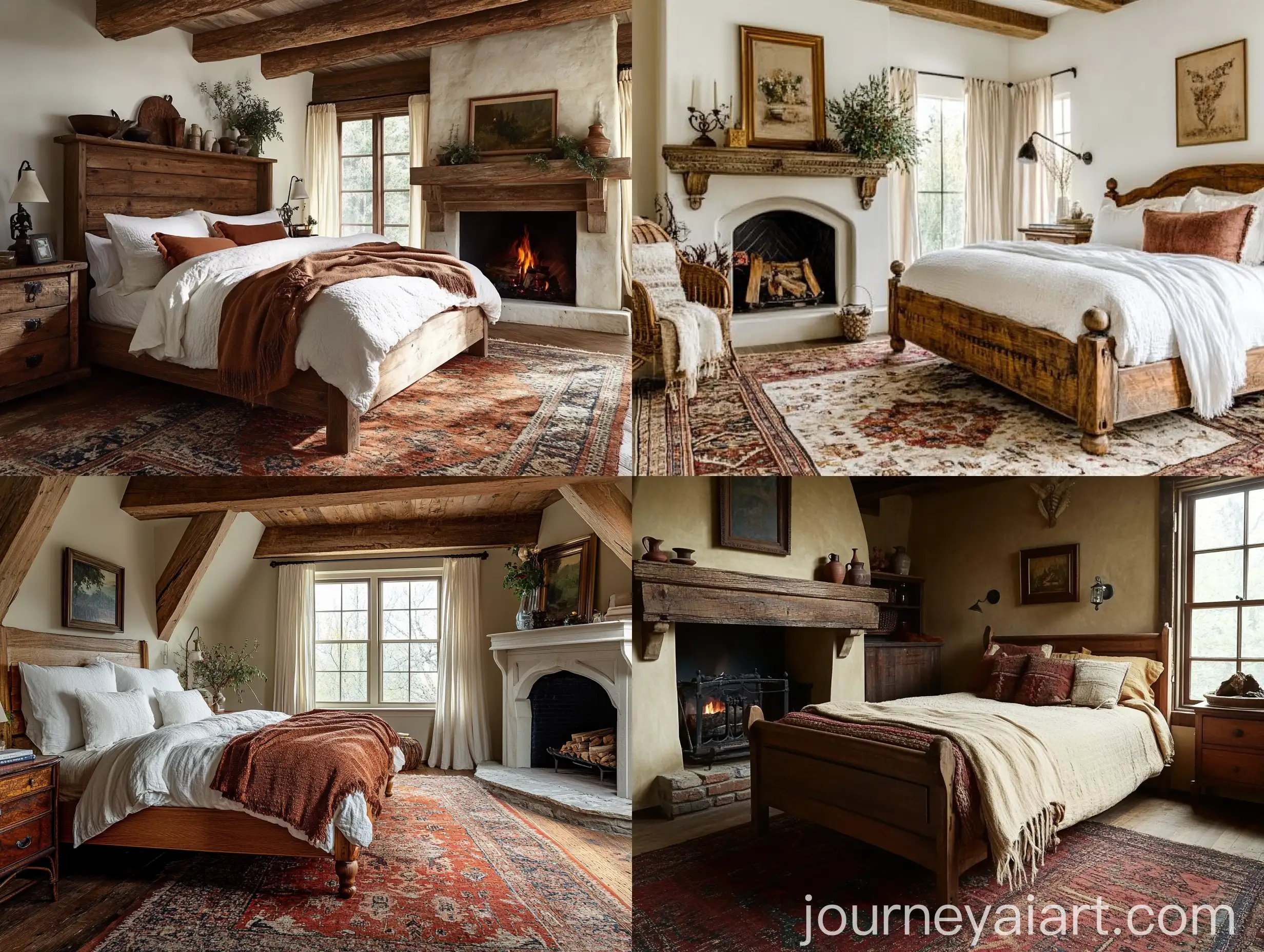 Cozy-Rustic-Bedroom-with-Vintage-Furniture-and-Fireplace