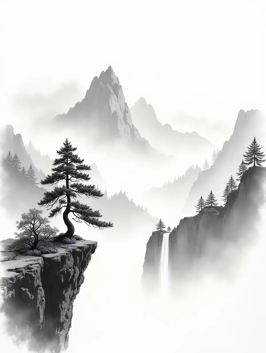 A drawing in the style of a Chinese ink drawing in black and white mountains, a small pine tree on a cliff, a river between , waterfall,  trees, mountains