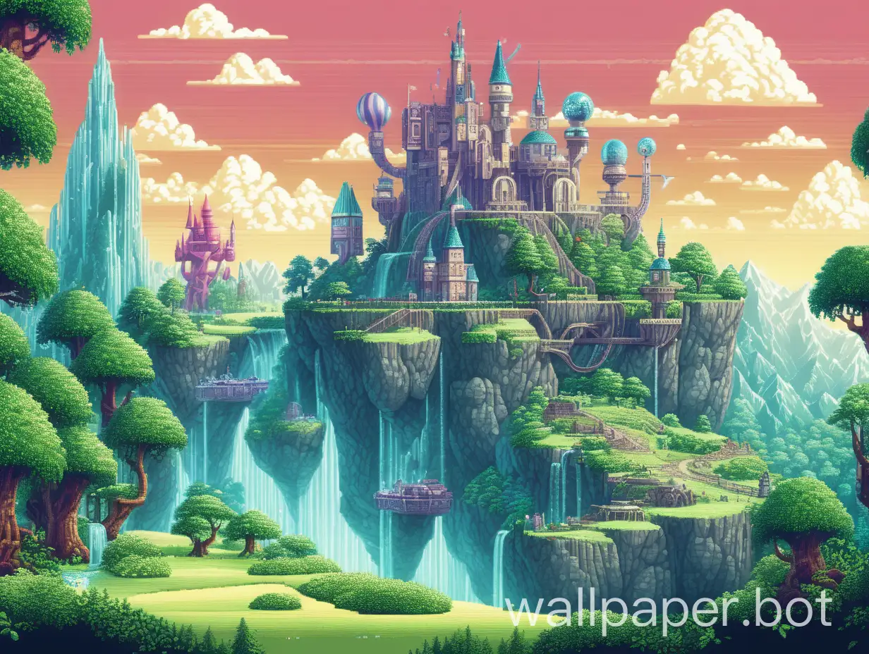 Giant magical technological kingdom with lots of nature, 8-bit,