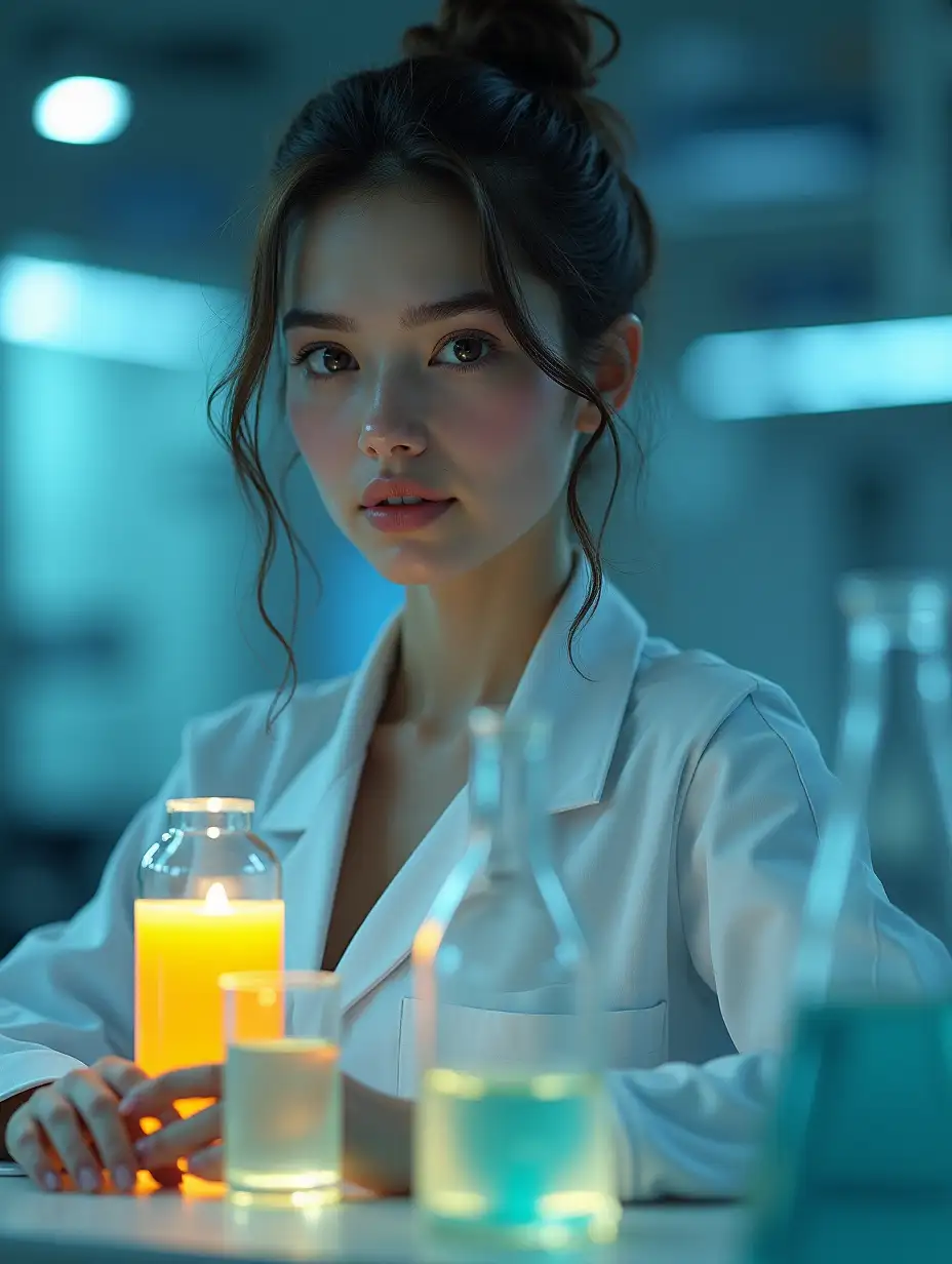 Young-Woman-in-Lab-Coat-Working-on-Chemical-Experiment-in-Laboratory