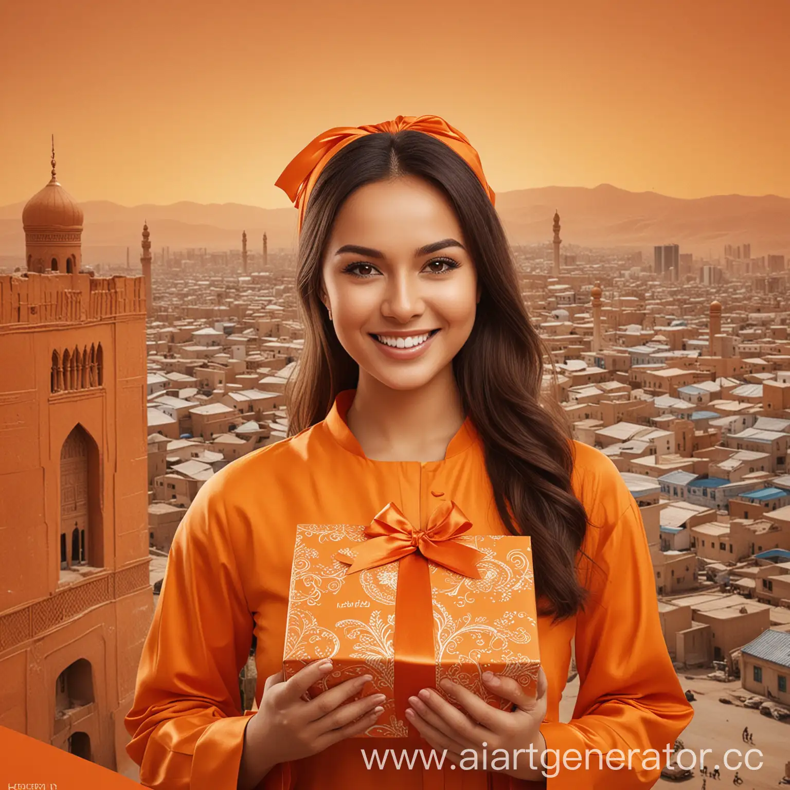 The elegant and stylish promotional poster shows a beautiful and confident Uzbek brunette woman in orange holding a gift box with a ribbon. There is a smile on her face expressing joy and satisfaction. Behind her is a cityscape, symbolizing a wide delivery area. Above the girl there is an inscription: “10% Yetkazib berish uchun chegirma!” Background elements are orange. Realistic photo.