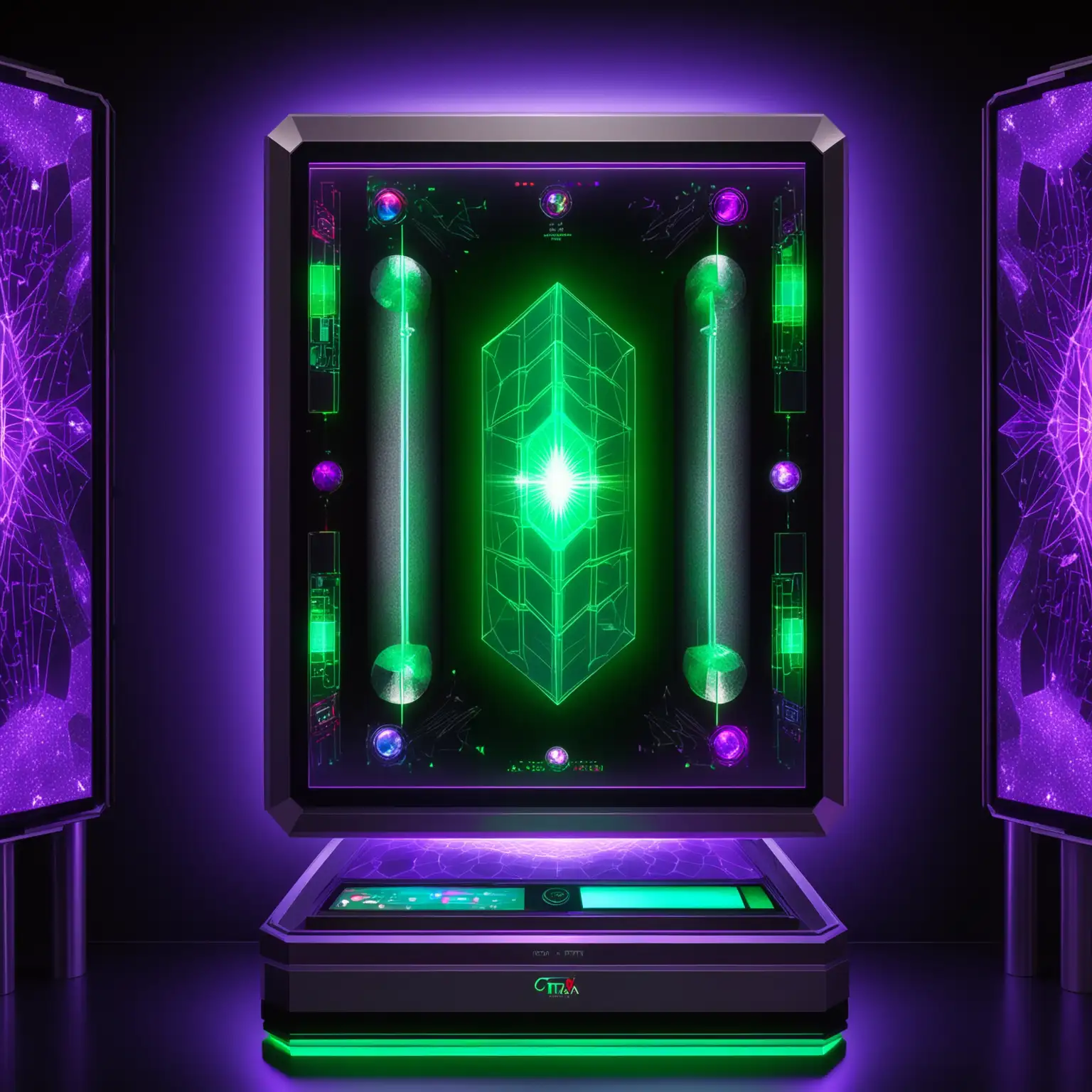 Tall column (2 m) of titanium and carbon with matte gray-metallic coating and white accents. Laser patterns glow purple. In the center - a quartz dome with a purple crystal. On the front panel, 4 cells for artifacts (green, red, turquoise, green) and a touch screen. Design is strict, high-tech, in dim lighting with soft device glow.