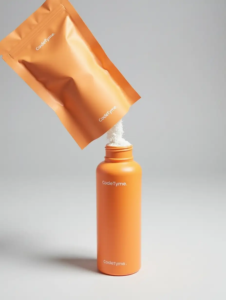 A product shot of a smooth orange sache pouring a fine white powder into a orange sport squeeze bottle against a very light grey background. The sache has labels 'CodeTyme.'. The bottle has labels 'CodeTyme.'. The lighting highlights the shiny, reflective texture of the metal, creating a shadow. The composition is centered, showcasing the sache and emphasizing its industrial, modern aesthetic. The atmosphere is minimalist and abstract, focusing on the bottle. The shot is taken with a flash, emphasizing the industrial vibe.