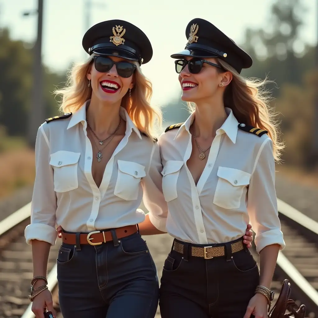 two White lady, wearing an white deep-necked firefighter  shirt, laughing with her mouth open, red lipstick accentuating her smile, accessorized with a stylish belt, holding a leather whip, jewerly, white skin, big wide hips, chest are fully grown, pilot sunglasses, peaked cap, two european lady walking on rails, german