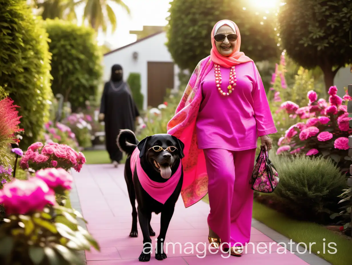 Elderly-Muslim-Woman-with-Dog-in-Flower-Garden-at-Evening