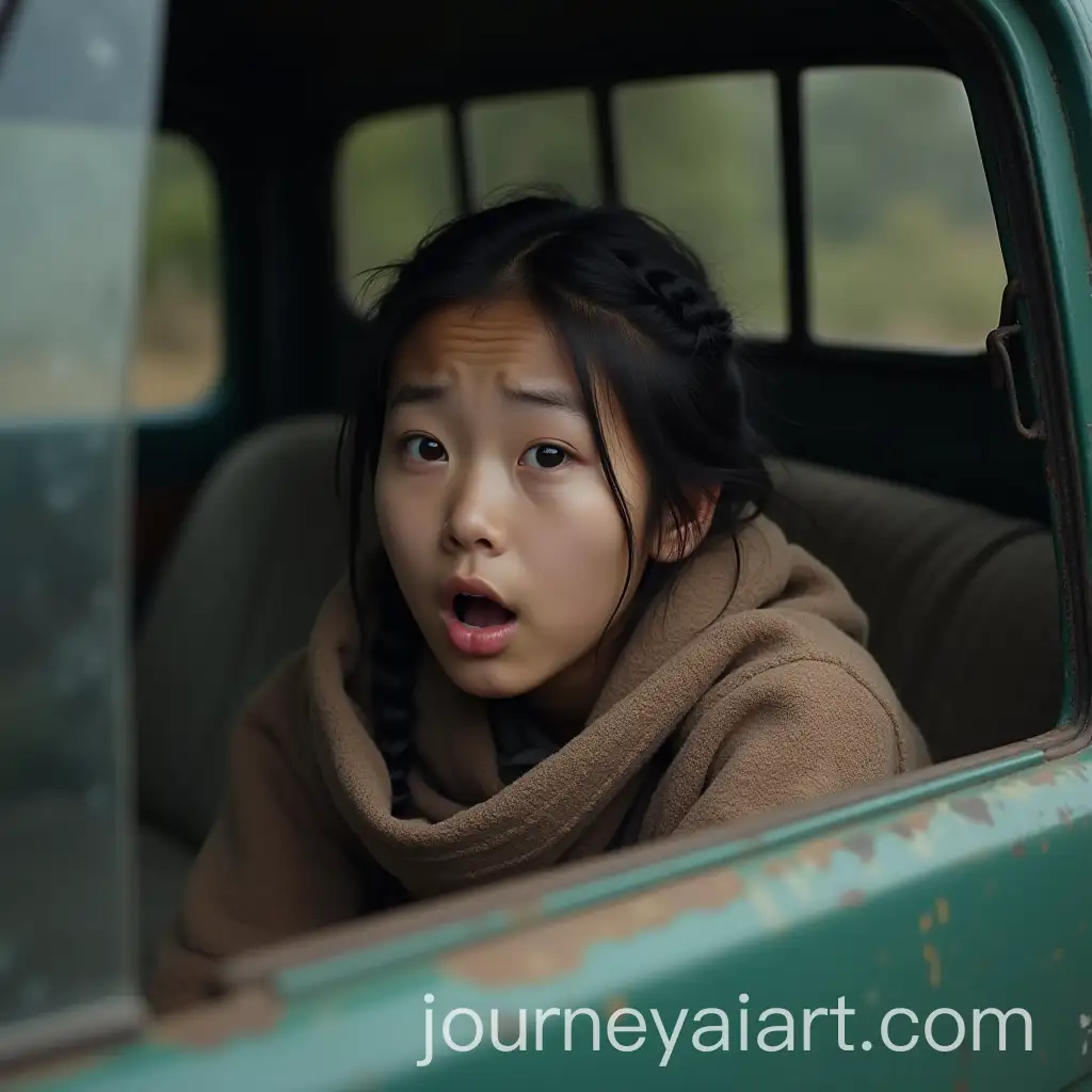 Petite-Asian-Girl-in-PostApocalyptic-Pickup-Truck-Hidden-Under-Blanket