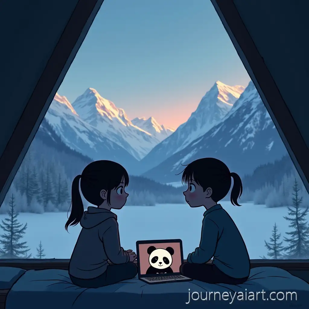 Winter-conversation-sceneBoy-and-Girl-Sharing-a-Conversation-by-the-Window-with-Snowy-Mountains-in-the-Background
