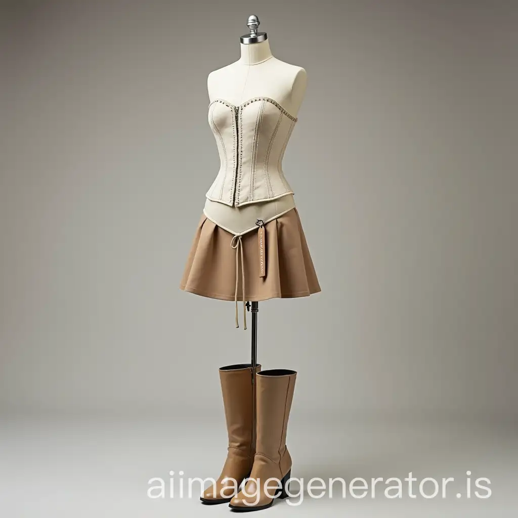 Elegant-White-Corset-with-Light-Brown-Skirt-and-Heels-on-Mannequin