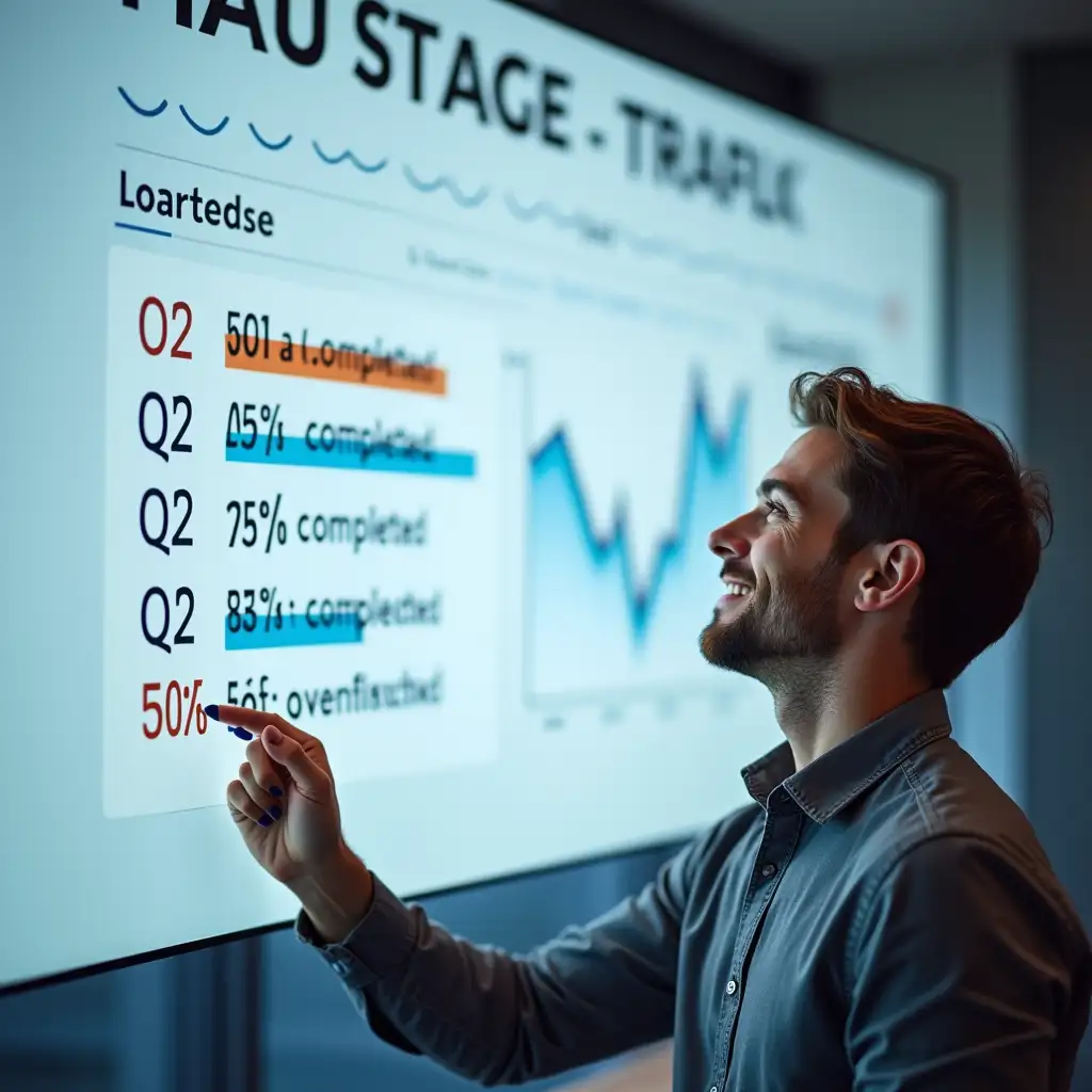 A person reviewing progress on a large tracking board or a smartphone app. The app shows checkboxes or bar graphs with milestones like 'Q1: 25% completed', 'Q2: 50% completed'. The person is ticking off completed tasks and looking satisfied with their progress. The setting should feel productive and achievement-oriented