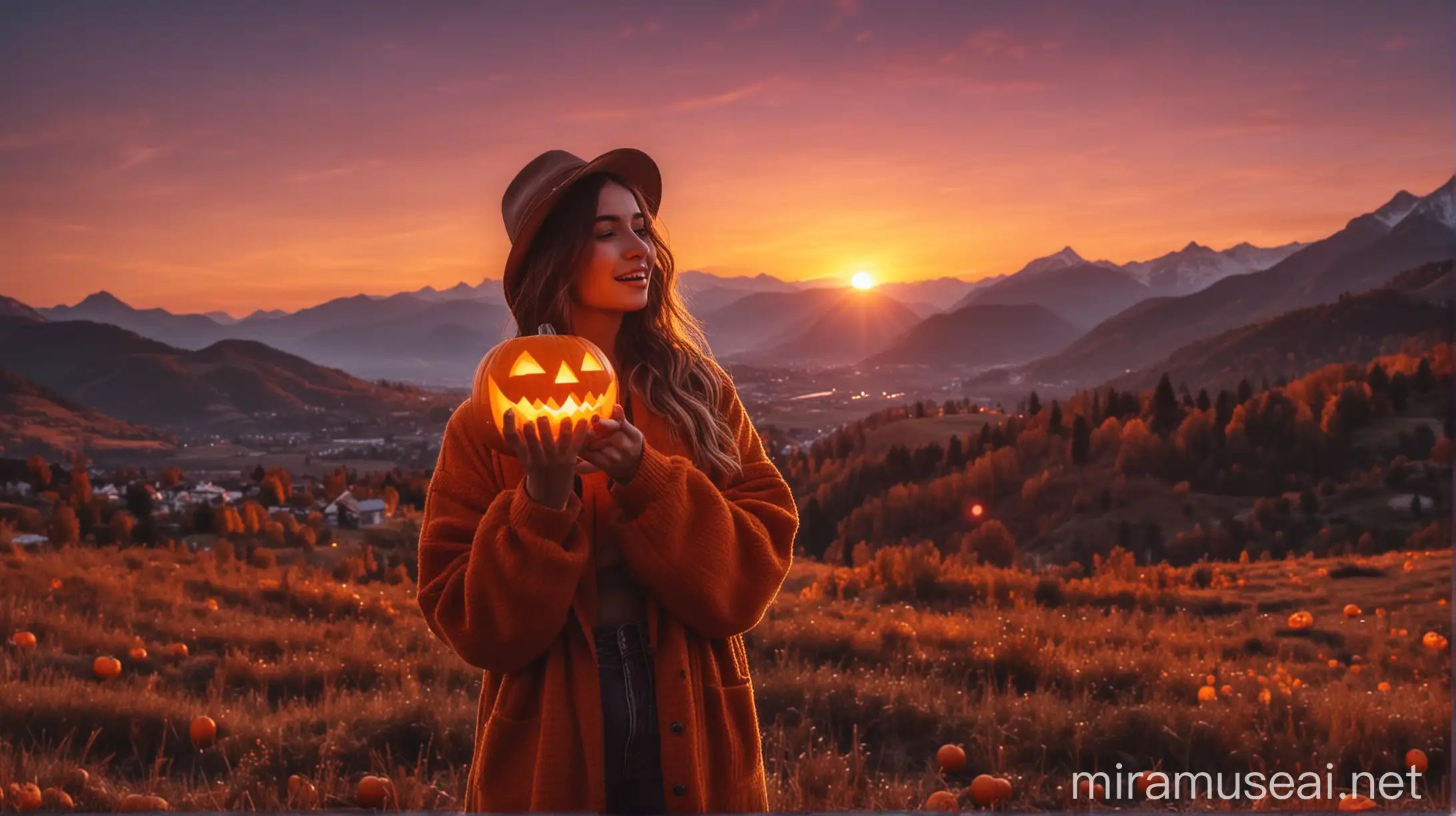 Woman Holding Pumpkin at Sunset with Neon Glow