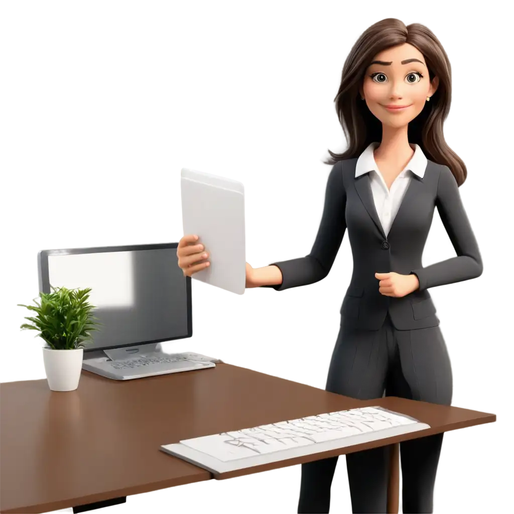 Animated-Corporate-Woman-Character-with-Statistical-Data-on-Screen-PNG-for-Professional-and-Business-Use