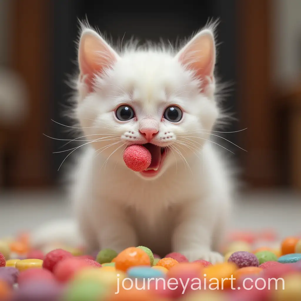 Curious-White-Cat-Licking-Colorful-Candy-in-Cozy-Sweetfilled-Room