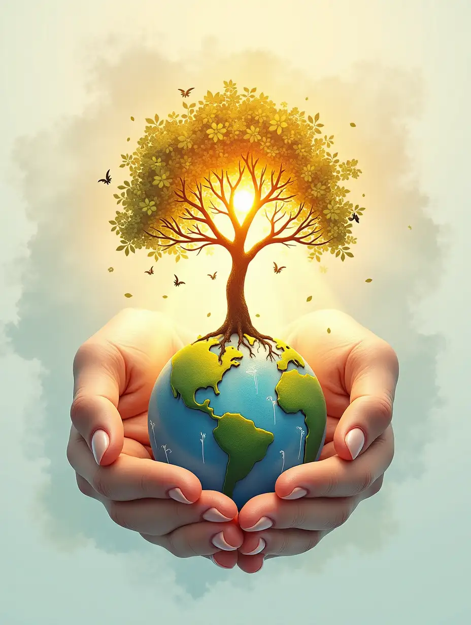 A powerful and symbolic artwork featuring a pair of hands gently cupping a small, glowing Earth, with a mighty tree growing from its surface. The tree’s branches extend outward, seamlessly transforming into flowing rivers, wind currents, and solar energy streaks. The background is soft, pastel-toned with watercolor textures, enhancing the warmth and emotional depth of the image. The composition reflects harmony, sustainability, and the collective power to protect the planet. Highly detailed, artistic, eye-catching, very attractive, 128k uhd