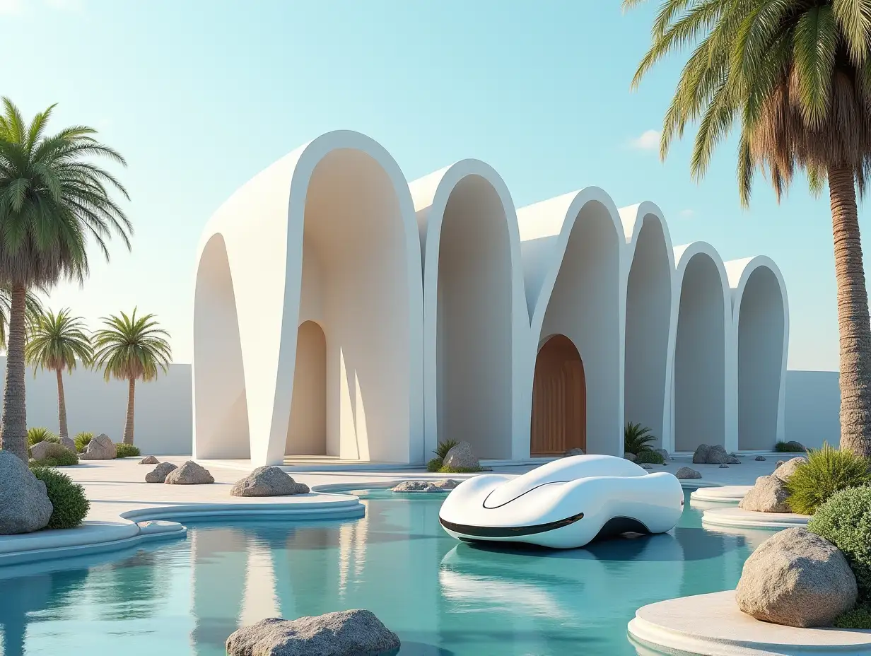 Create a high-resolution realistic image in 4k resolution of a futuristic building with curved pillars, palm trees, rocks and a futuristic vehicle