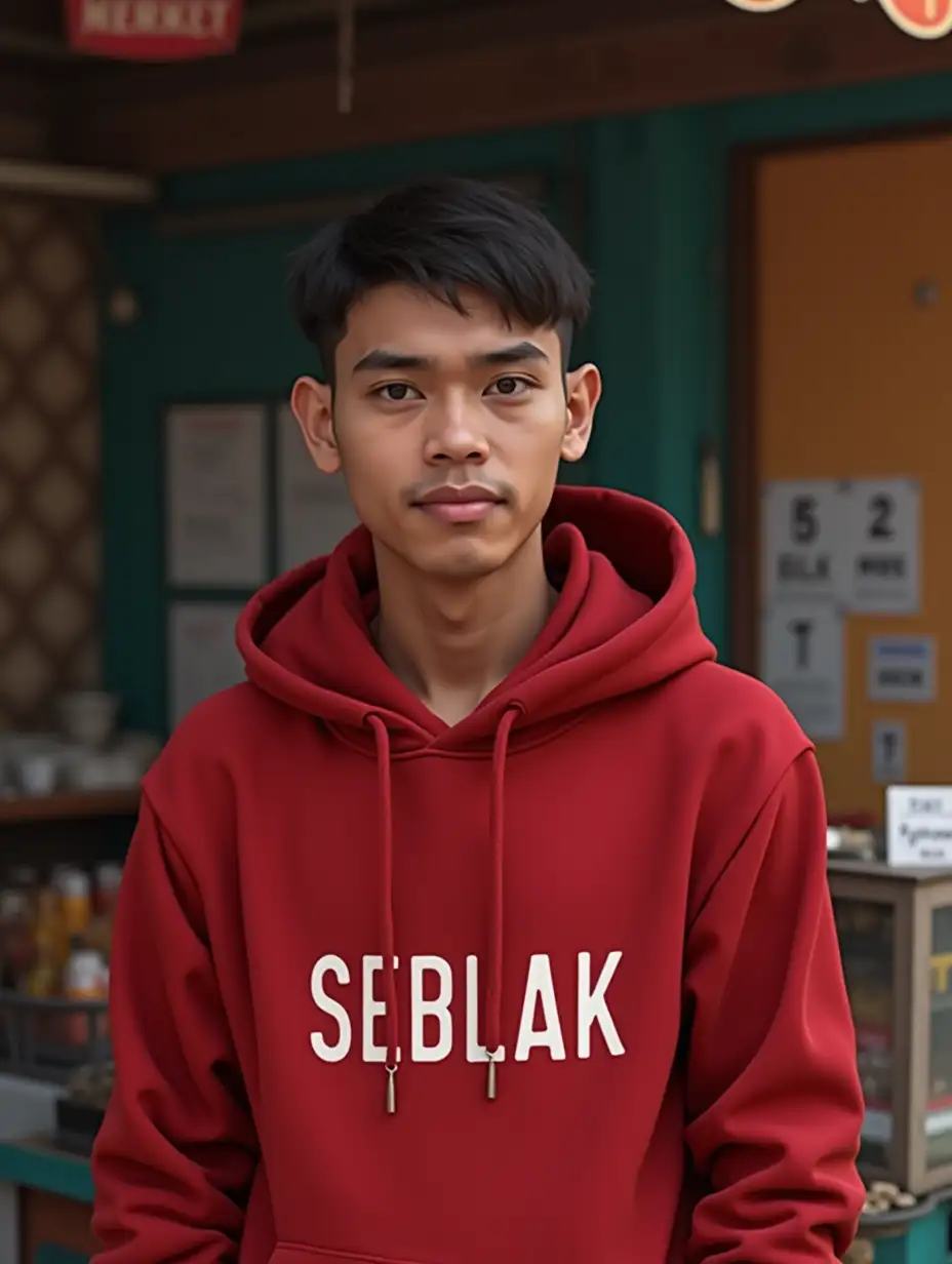 an Indonesian man aged 25 years, short hair, wearing a red hoodie, with the words 'SEBLAK', traditional stall background, 3D portrait realism