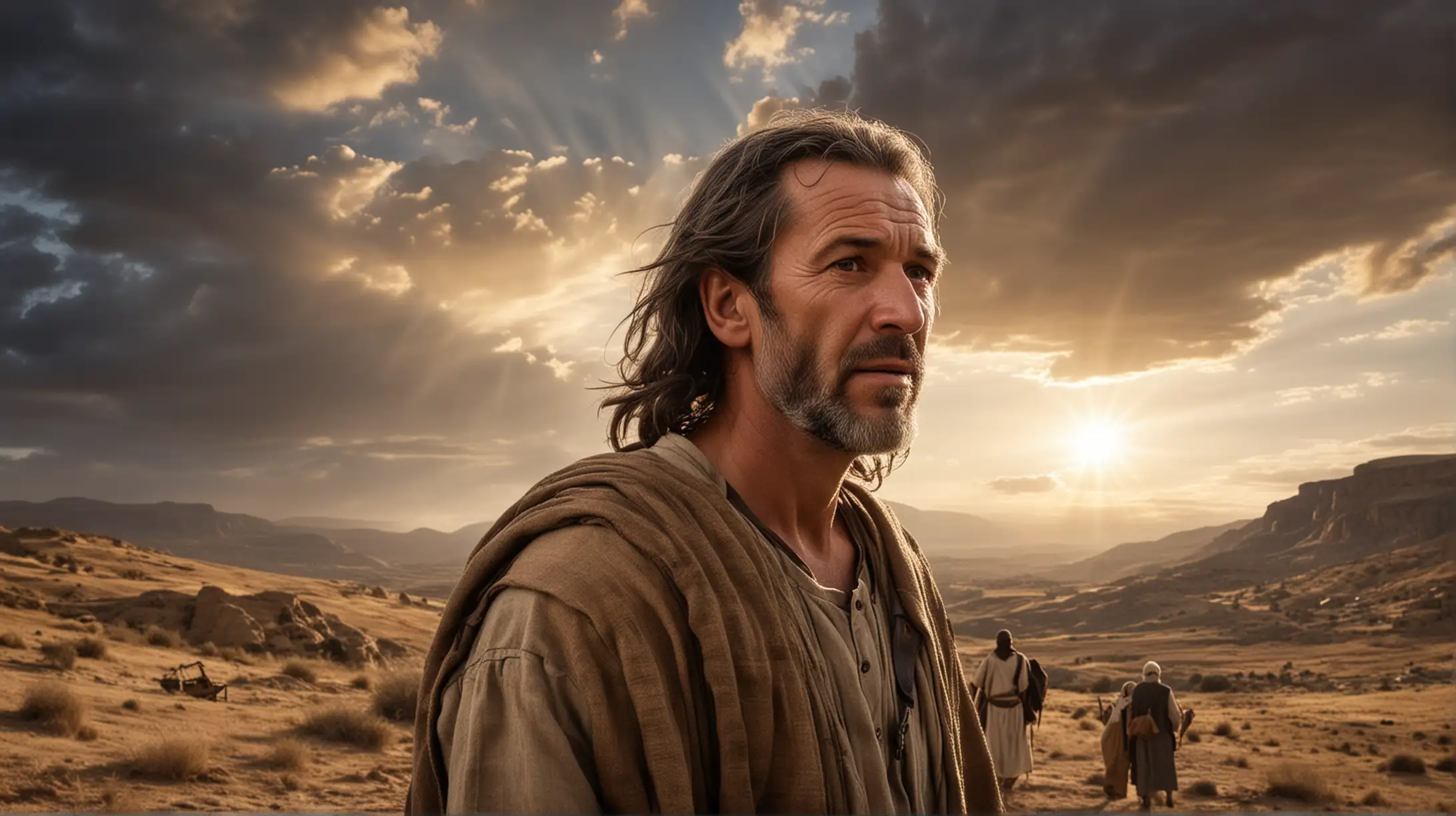 Middle Aged Biblical Figure in Desert Landscape with Dramatic Sky