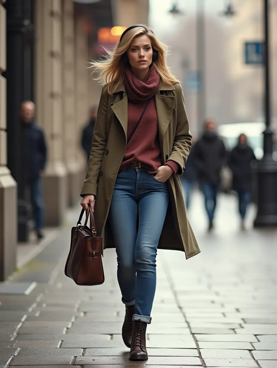 Smart casual, stroll, listens to music