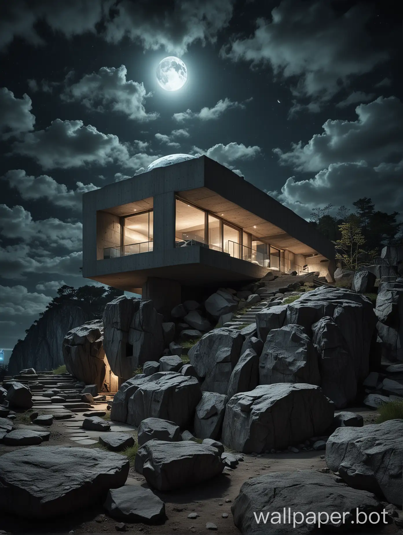 a brutalism-style house by Tadao Ando on a rock in the dark night with neon lights inside, surrounded by clouded skies in space, moon globe