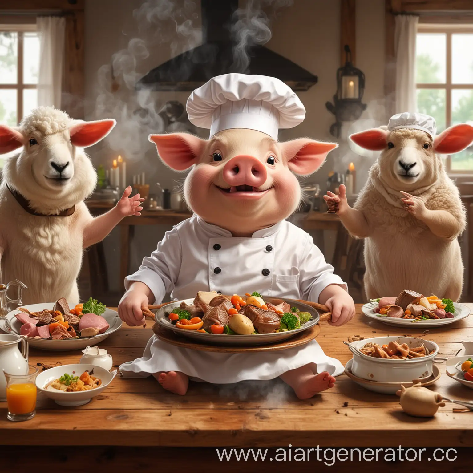 Animals-Dining-Together-Chef-Pig-Serving-a-Feast