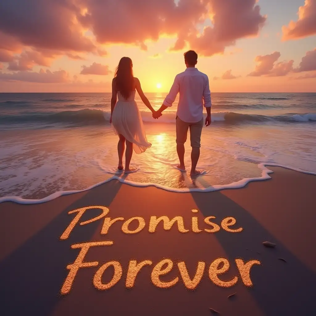 A heartwarming scene of a couple holding hands on a beach at sunset, with waves gently touching their feet. The sky is painted in warm hues of pink, orange, and purple, symbolizing love and commitment. The words ‘Promise Forever’ are softly written in the sand, illuminated by the golden light.