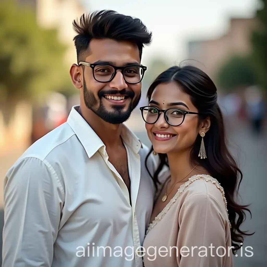 Create a stunning realistic, portrait of a 33-year-old Indian man with fair skin, a round face, standing next to a 27-year-old Indian woman. The man is well-built, towering at 6 feet in height, and is adorned with a goatee and thin, large round glasses,  He is dressed casually yet elegantly in a white shirt and jeans. The woman, on the other hand, flaunts a top that complements her attire and has a similar fashion sense with a pair of black frame glasses. Both are captured in a professional photoshoot setting in Indore, showcasing their lovely chemistry as a couple. The man has a warm smile, while the woman's eyes sparkle with joy as she looks at the camera. This promotional still for their brand collaboration is set to be featured on Unsplash with the tag 'Couple Portrait ND 6', highlighting their youthful charm and the vibrant city of Indore in the background. Inspired by the legendary Dr. Zeus, this image is bound to be the highlight of their joint venture.