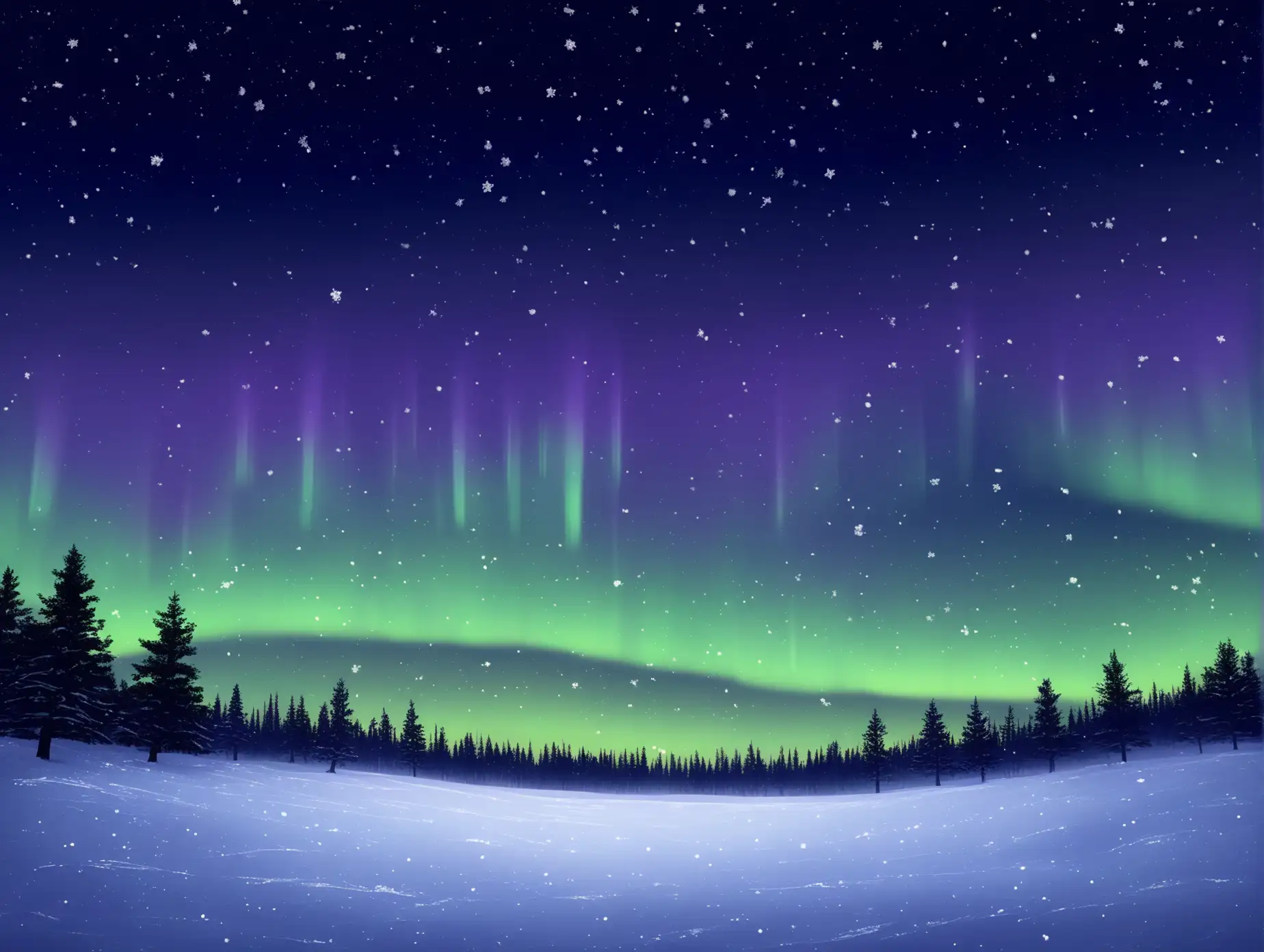 Snowy-Field-Under-Northern-Lights-at-Night