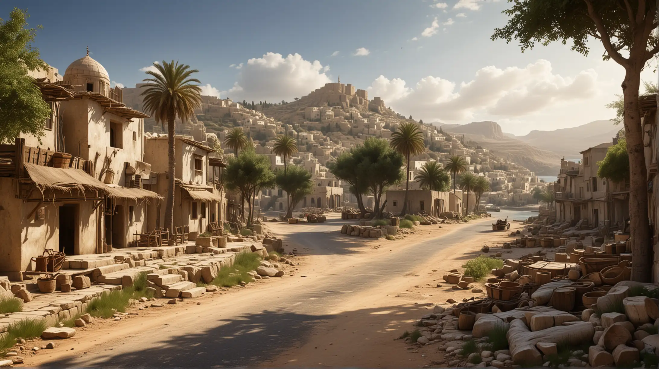 Ancient Middle Eastern Town with Harbour and Woodcutters