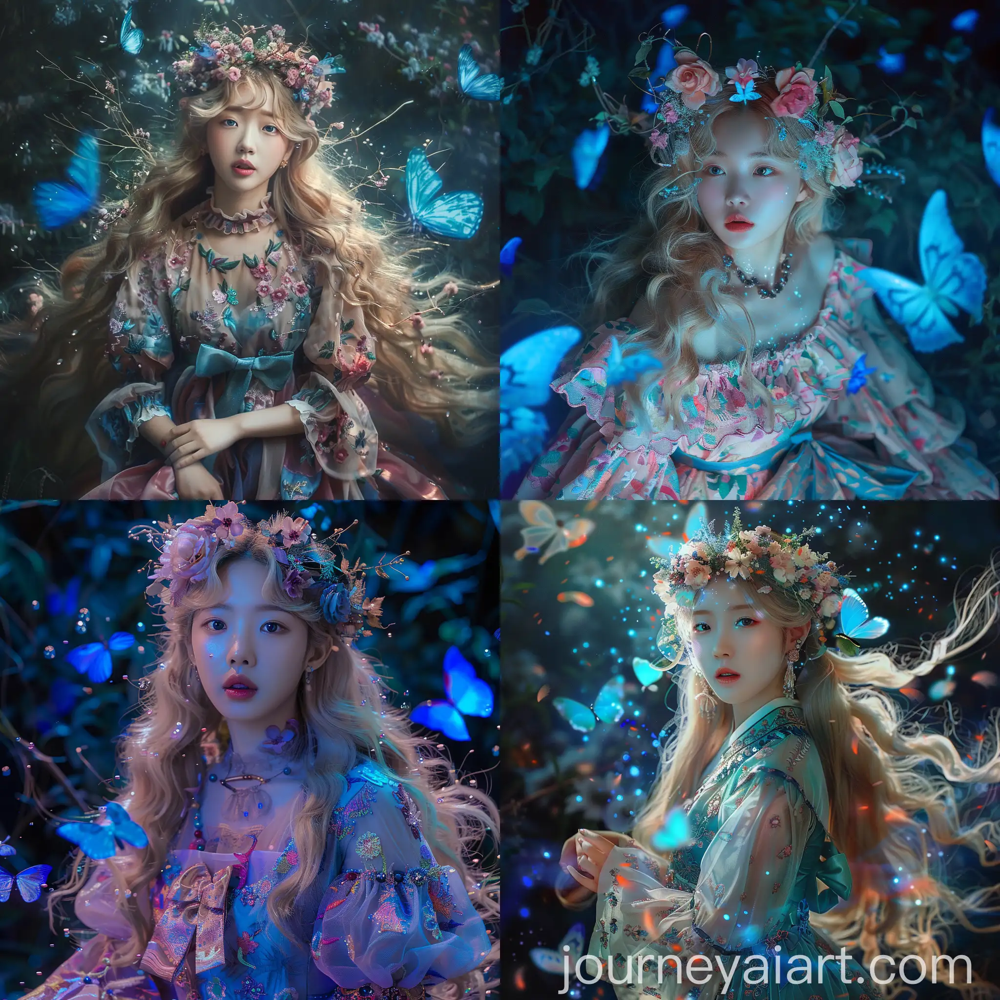 Young-Korean-Woman-with-Blonde-Hair-and-Floral-Crown-in-Mystical-Setting