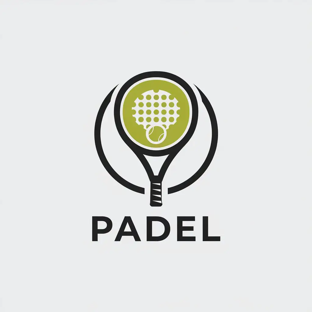 a vector logo design,with the text "Padel", main symbol:Padel racket and tennis ball,Minimalistic,be used in Sports Fitness industry,clear background