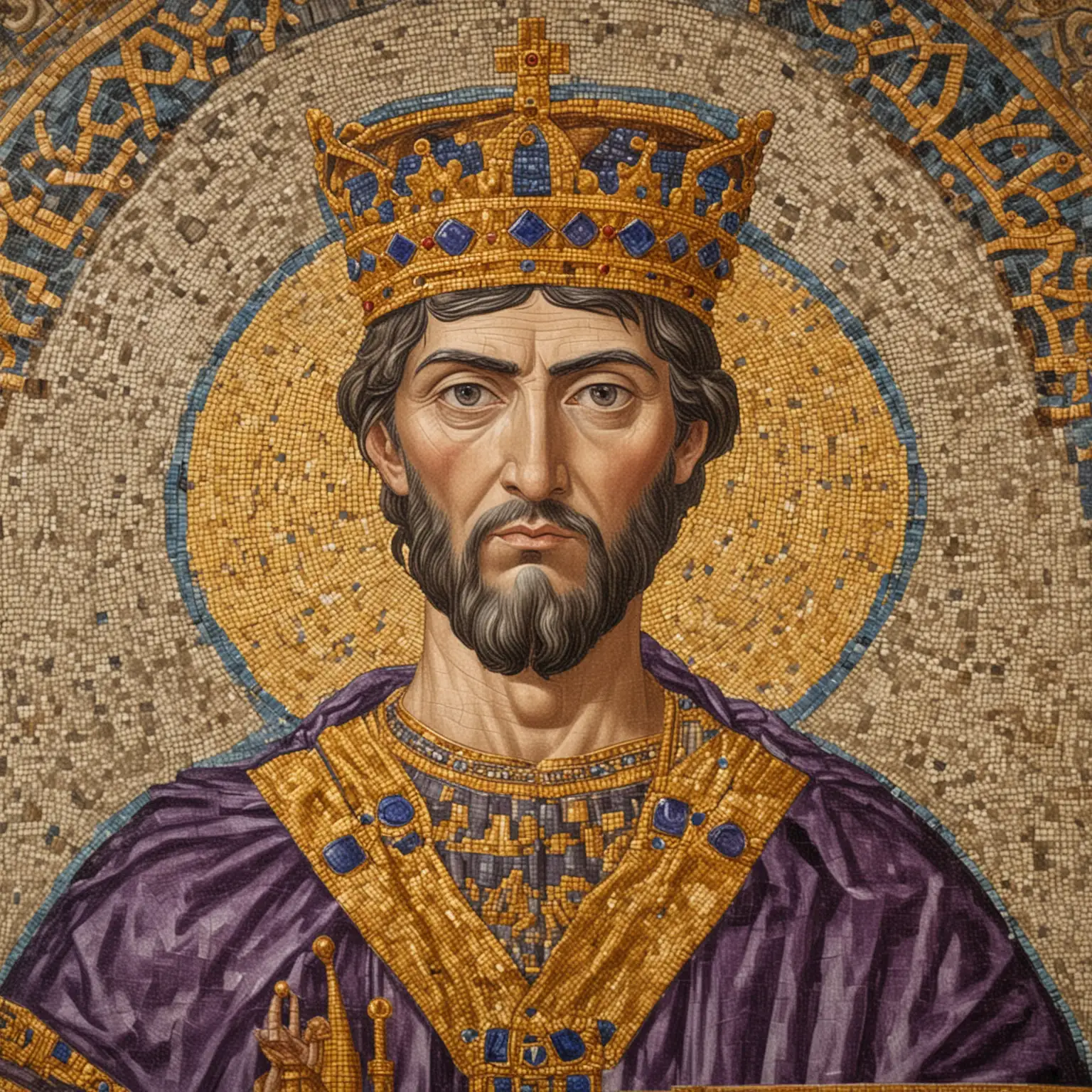 Byzantine mosaic depicting the emperor in a purple cloak and a Byzantine crown, view strictly from the front (refer to the picture with an example)