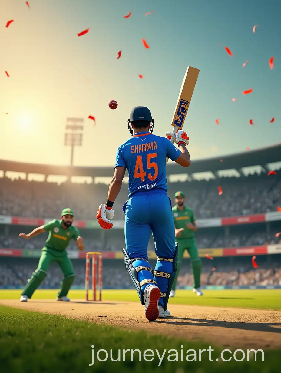 Cricket-Match-Between-India-and-Pakistan-with-Rohit-Sharma-Executing-a-Powerful-Shot