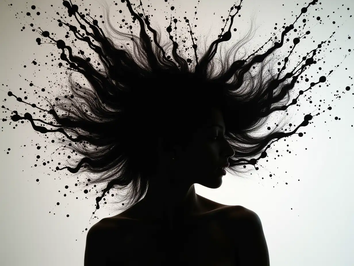 woman.story photo fashion magazine.contrast and illusion.silhouette photo.paint pouring out from above, splashes in all directions.black hair splashes paint.motion effect.surrealistic background art house studio