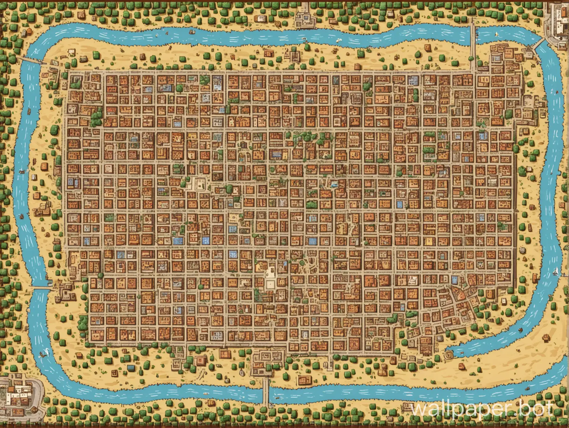 2d top down videogame map of 1619 colonial city in santa fe argentina, riverside, square street blocks , indigenous population