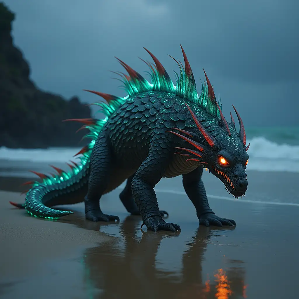 A realistic and menacing hybrid creature combining features of a pangolin and a dragonfish, standing on the sandy shore of a tropical island. The creature has the armored body and sharp-edged scales of a pangolin, with a long tail covered in glowing, bioluminescent patterns resembling a dragonfish's iridescent scales. Its face is a fusion of a pangolin's snout and the sharp, angular jawline of a dragonfish, complete with glowing, predatory eyes and needle-like teeth. Spiny fins extend from its back and sides, pulsing with an eerie light. The claws are elongated and razor-sharp, digging into the sand. The background shows a misty shoreline, with jagged rocks and dark clouds, creating a foreboding atmosphere. Wet sand reflects its glowing features, adding an ominous glow to the scene.