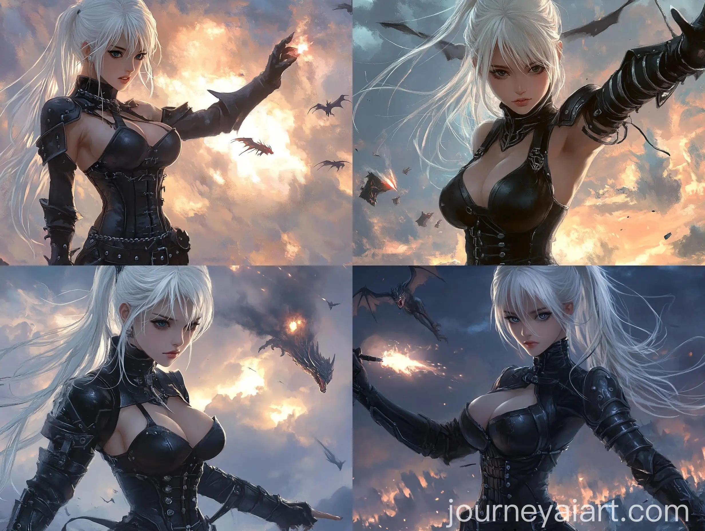 Anime-Style-Woman-Casting-Magic-Spells-on-Battlefield-with-Flying-Dragons