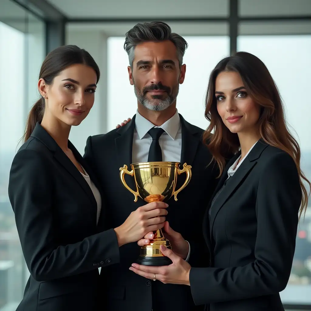 Two women, one on the left side and one on the right of the man, they are of European appearance, standing in an office against a panoramic window in business suits. And they're looking at the camera. The man is holding a gold cup at the level of his chest with both hands, the girls are standing with the man under their arms. Close-up. Style of photorealism. Highly detailed textures and skin