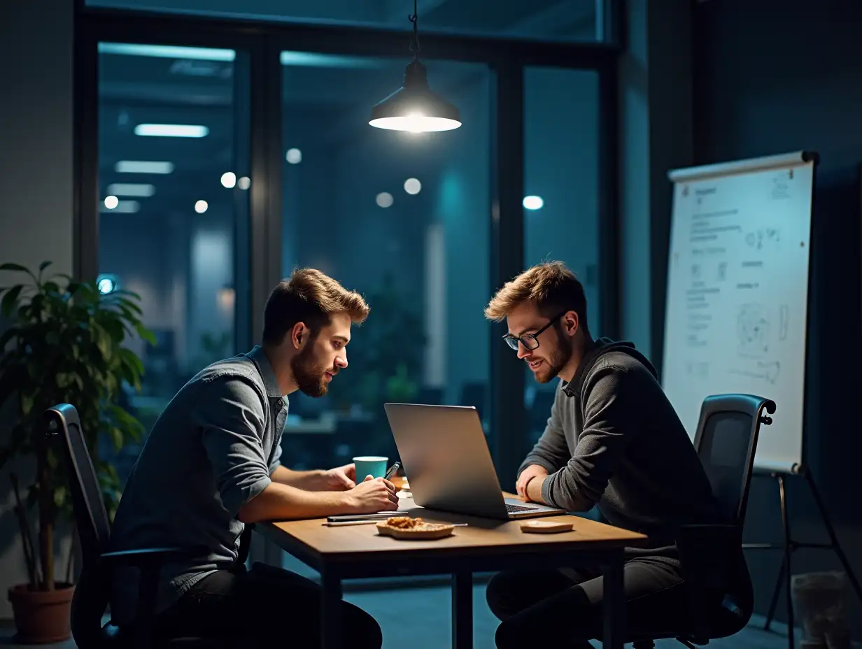 Two young men, Alex and Jordan, are working late at night in a bustling, modern office. Alex, focused intently on his laptop screen, is coding, while Jordan, leaning back in his chair, sketches out a business plan on a whiteboard. Empty takeout containers and coffee cups litter their workspace, suggesting long hours of dedicated work. The atmosphere is one of excitement and anticipation as they build their cybersecurity company, TechPro Solutions, from the ground up.