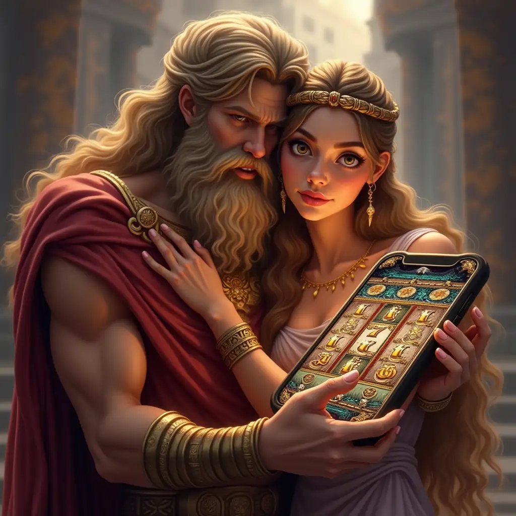 zeus from the game gates of olympus hugs a very beautiful girl and they hold a big phone with a casino slots game on it