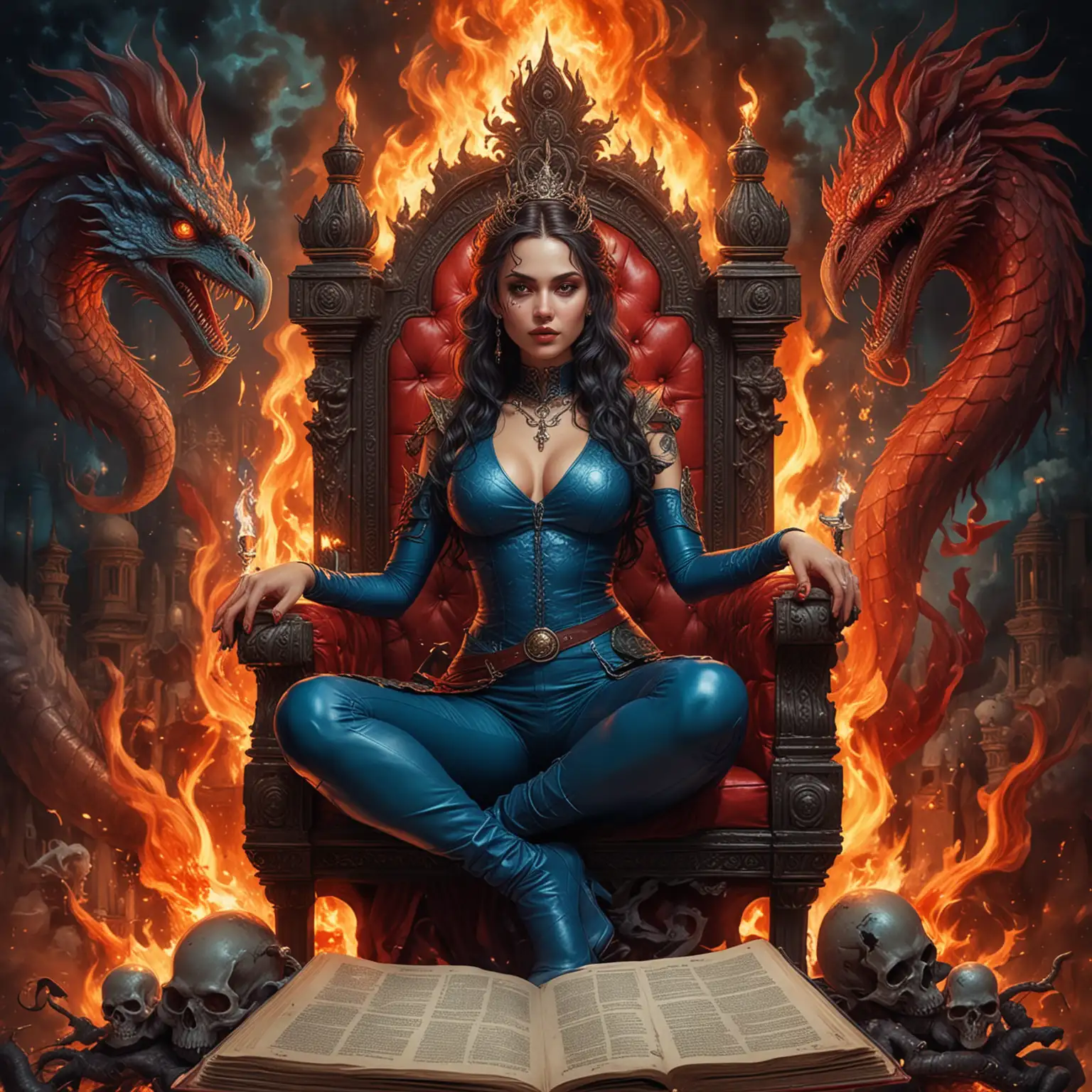 Alien Vampire Sorceress on a Fiery Throne with Dragons