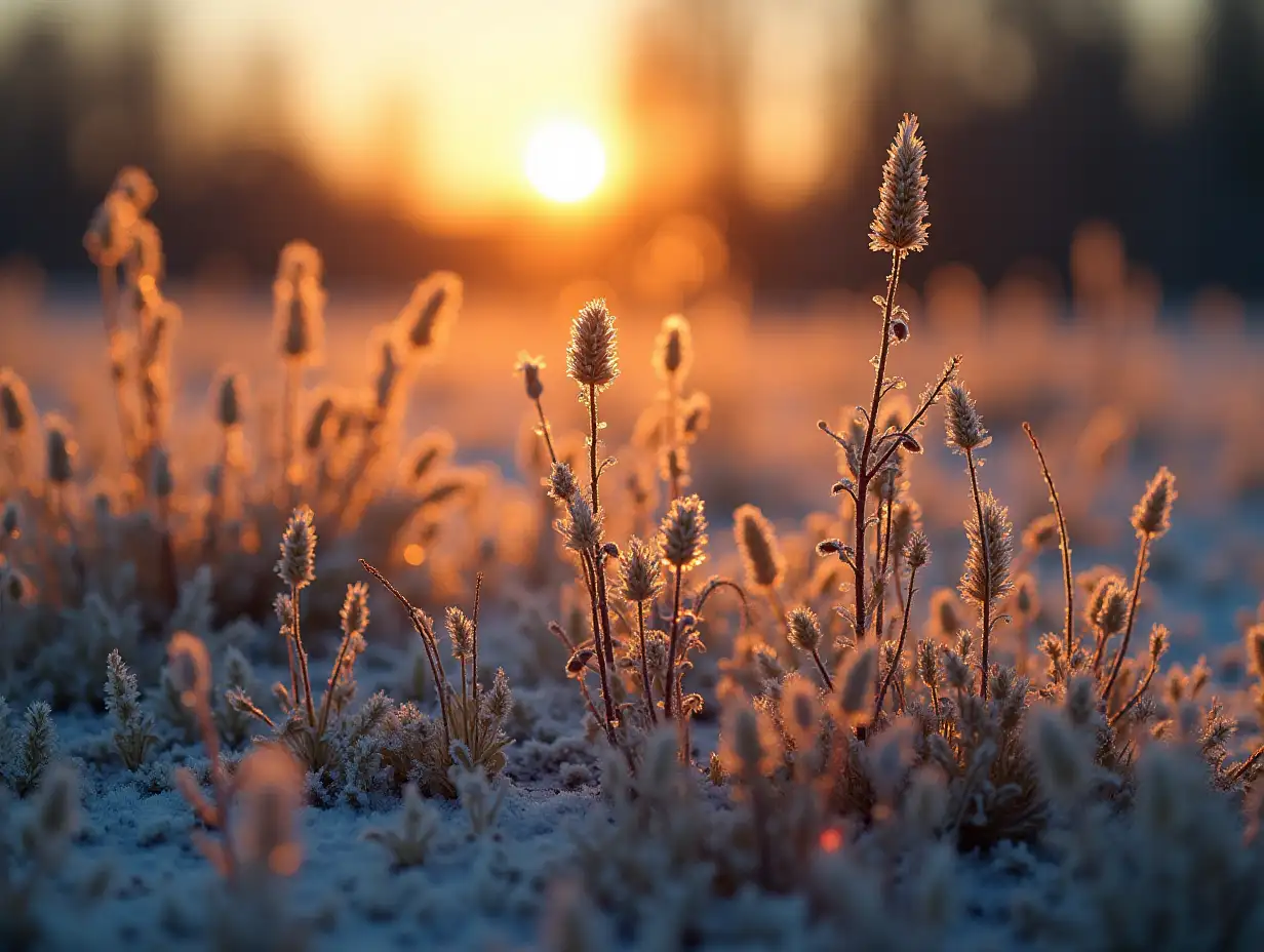 Beautiful wild nature meadow with frozen grass and flowers on a winter morning with golden sunrise light and colorful rainbow waterdrop reflections. Idyllic nature landscape