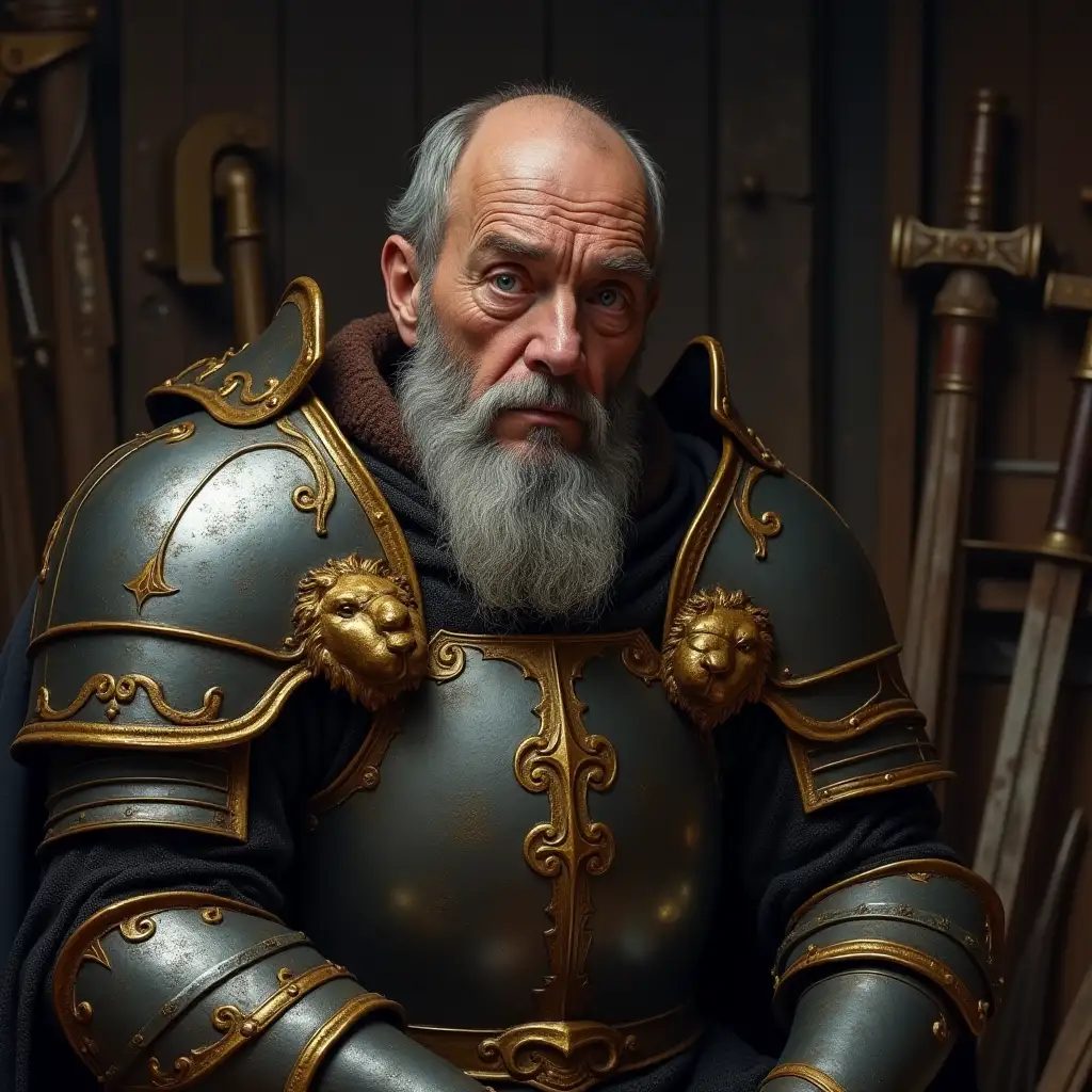 Tired-Elderly-Blacksmith-Veteran-in-Plate-Armor-in-Workshop