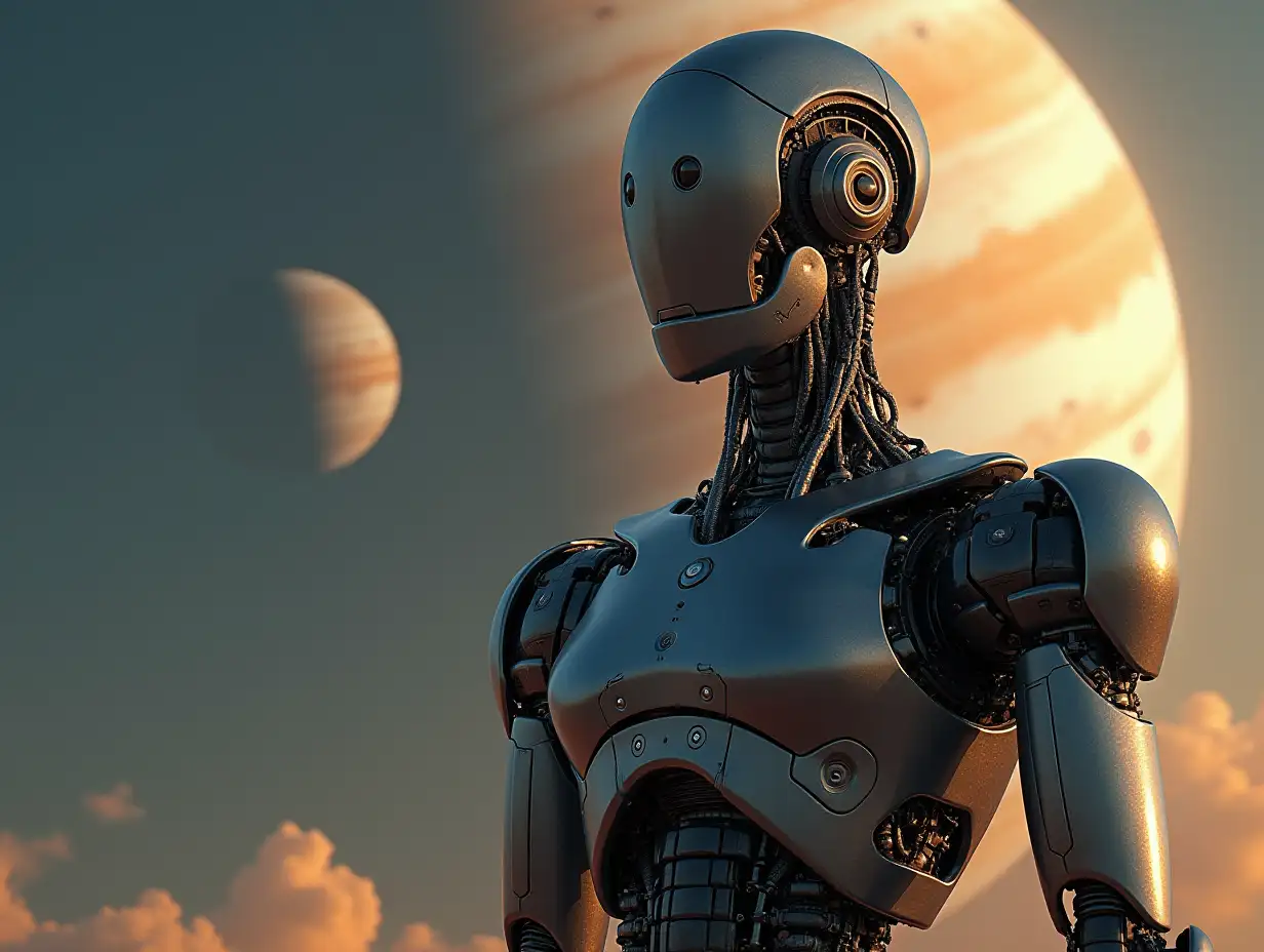 Create a high-resolution, realistic image of the artificial intelligence Robert, 40 meters tall with humans, with motor made of many parts, near Jupiter in 4k resolution