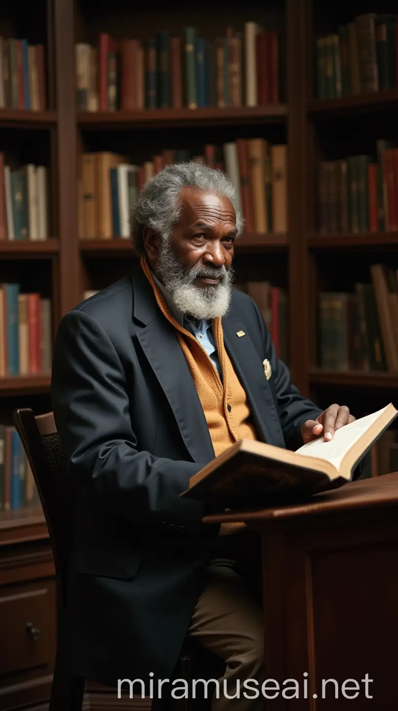 Elderly African Man Reading Books in Library