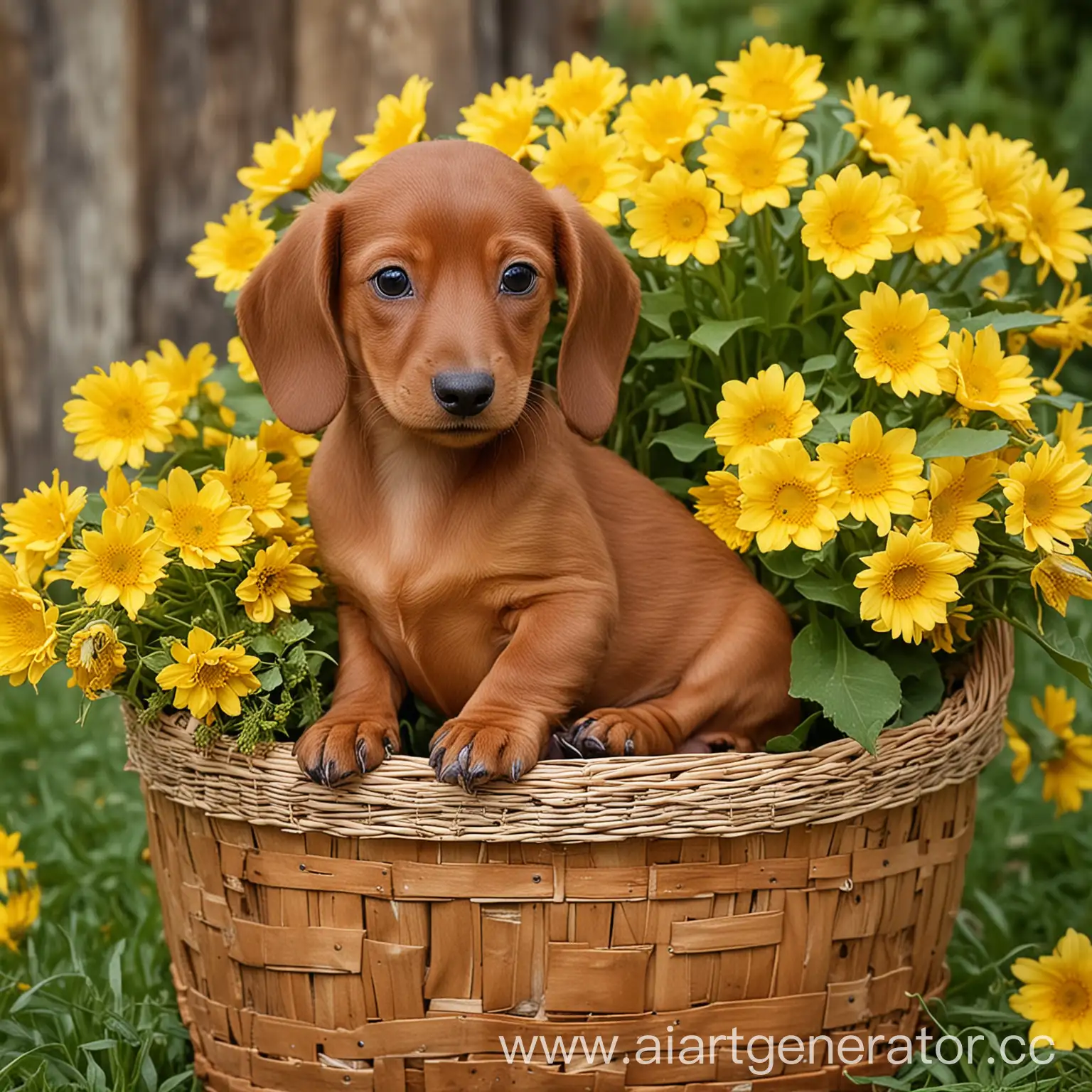 Adorable-Red-Dachshund-Puppy-in-Basket-Surrounded-by-Yellow-Flowers