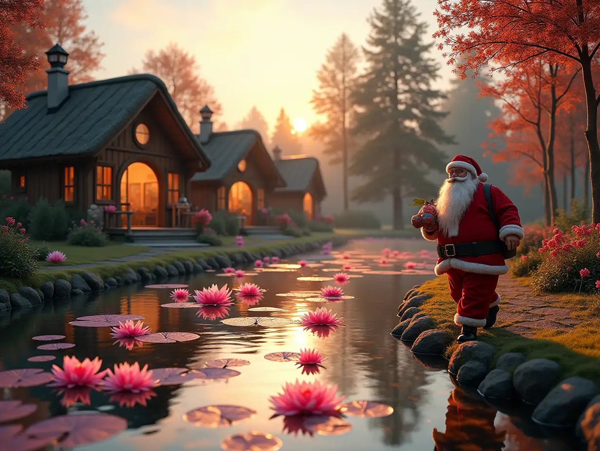 A cheerful and smiling Santa Claus with gifts is walking near the hobbit houses, which are located on the shore of a huge eco-pond with a large number of pink lily pads, and on the other side of this pond, cheerful people of different ages are walking along the shore, and also on the other side there are only 3 small one-story chalet houses, these houses have the appearance of a one-story chalets with a gable-sided tiled roof, each roof slope is flat without bending, these chalet houses are built from a system of wooden beams consisting only of vertical wooden beams., and only in the half-timbered style, and between the glass beams, the glass walls are panoramic windows in all walls from the floor to the roof, that is, each wall is a panoramic window, on the other shore among the houses there are trees on which bright garlands glow, at sunset and in the reflections of sunset light, the view to the foreground is in focus And the background is blurry, realistic