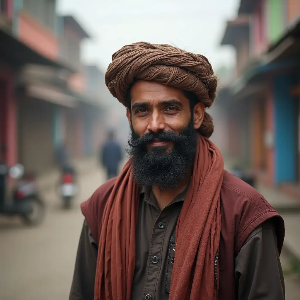 make an image of 1 30 year old bangladeshi bou with alittle frech cub beard wearing islamic attire in the streets of maakh looking at the camera smiing