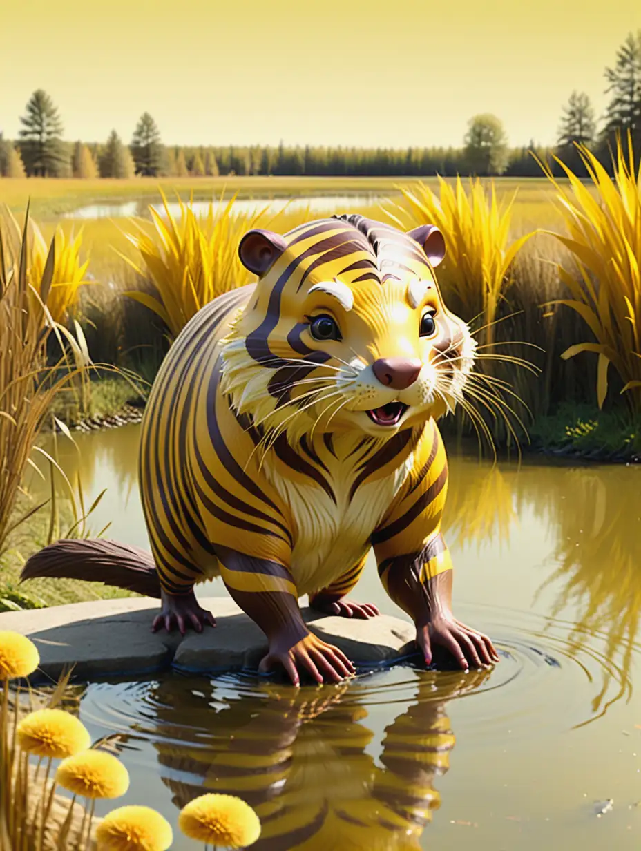 Fantasy Movie Scene TigerStriped Beaver by Pond in Yellow Field